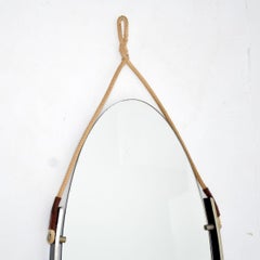 Miroir vintage en acier, cuir et corde