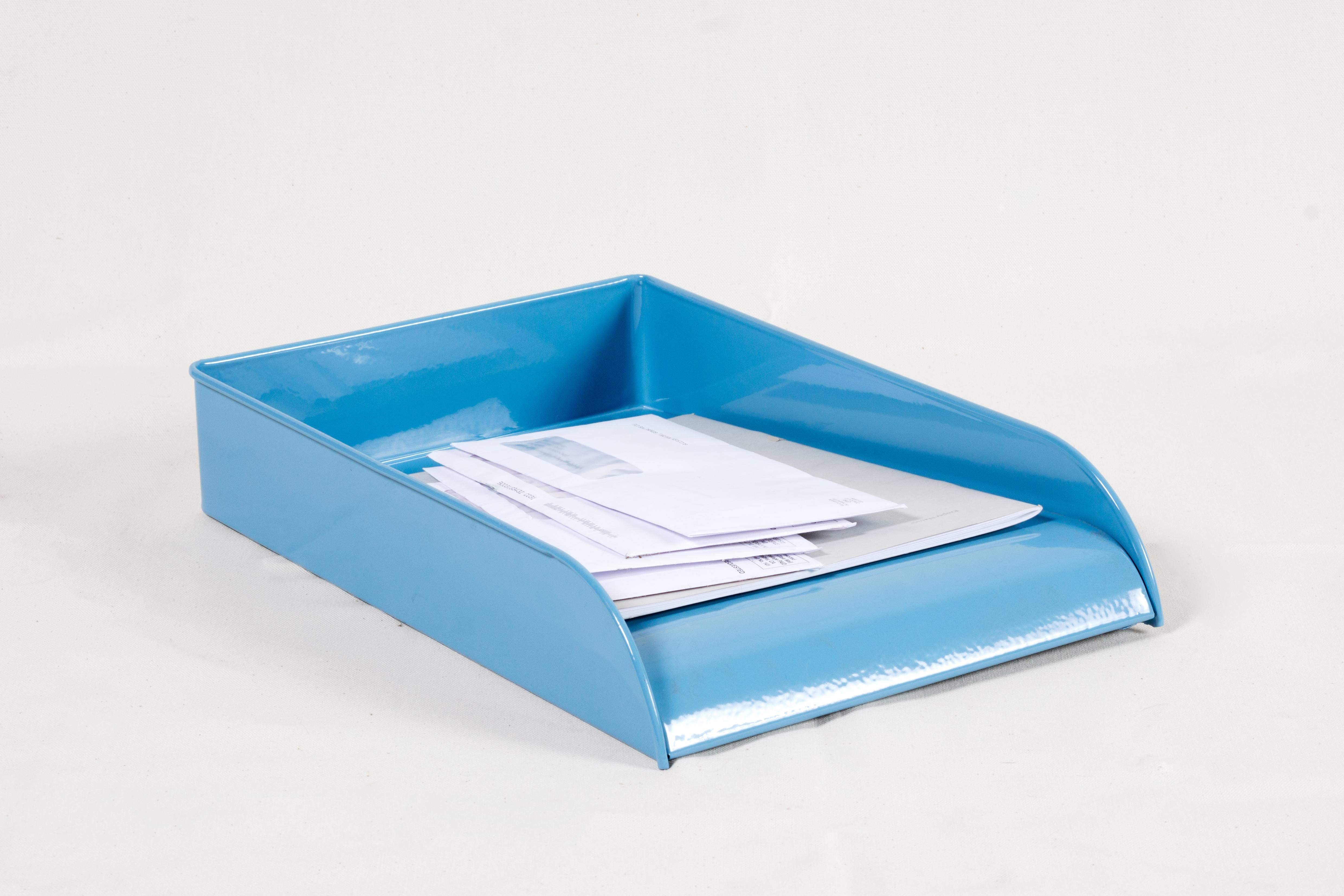 Vintage Art Deco office letter, memo or mail tray powder-coated in baby blue. This uniquely finished organizational piece is sure to keep your retro office in tip-top shape. Excellent refinished vintage condition. Gentle wear to steel as pictured.
