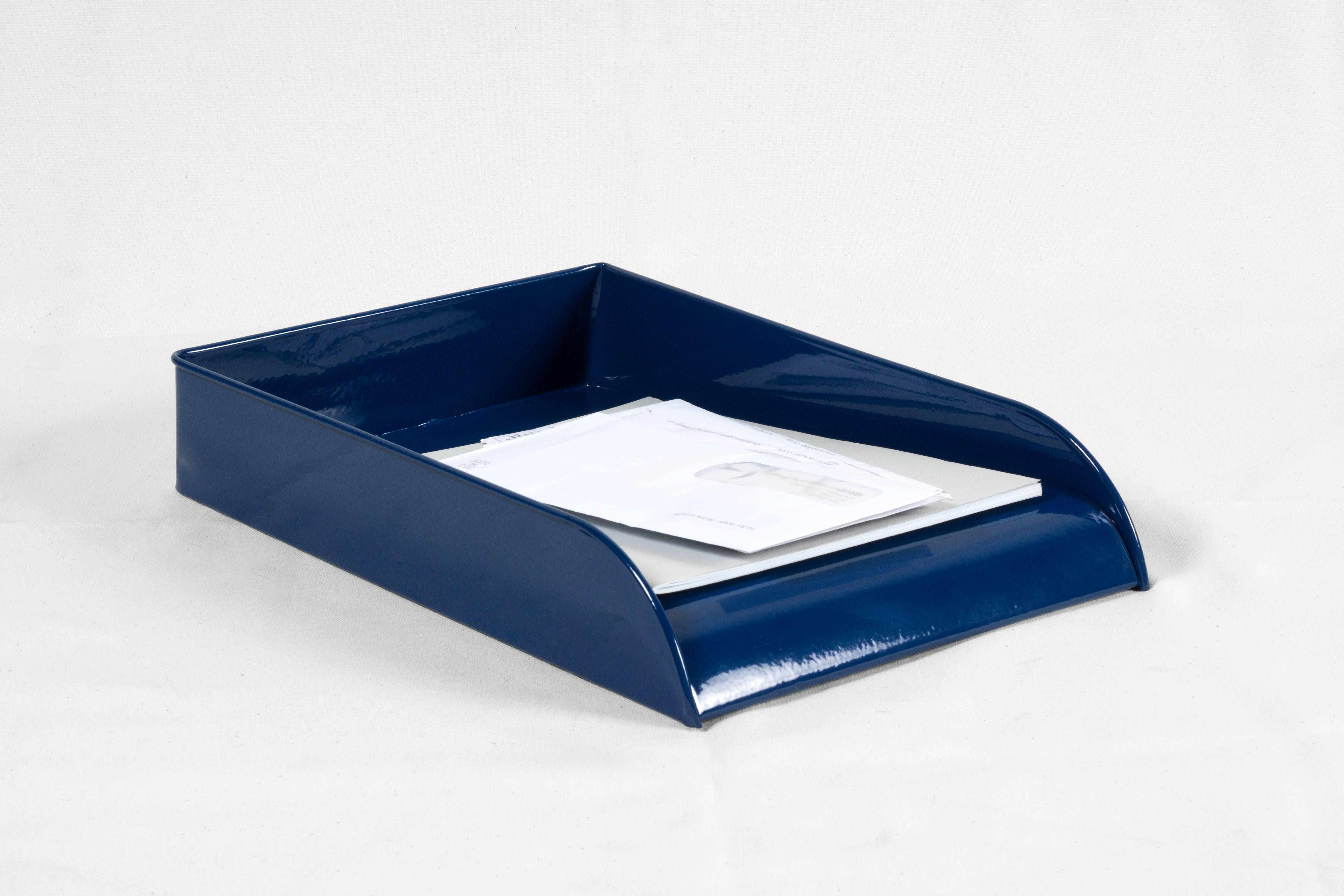 Vintage Art Deco office letter, memo or mail tray powder-coated in midnight blue. This uniquely finished organizational piece is sure to keep your retro office in tip-top shape.

Dimensions: 15