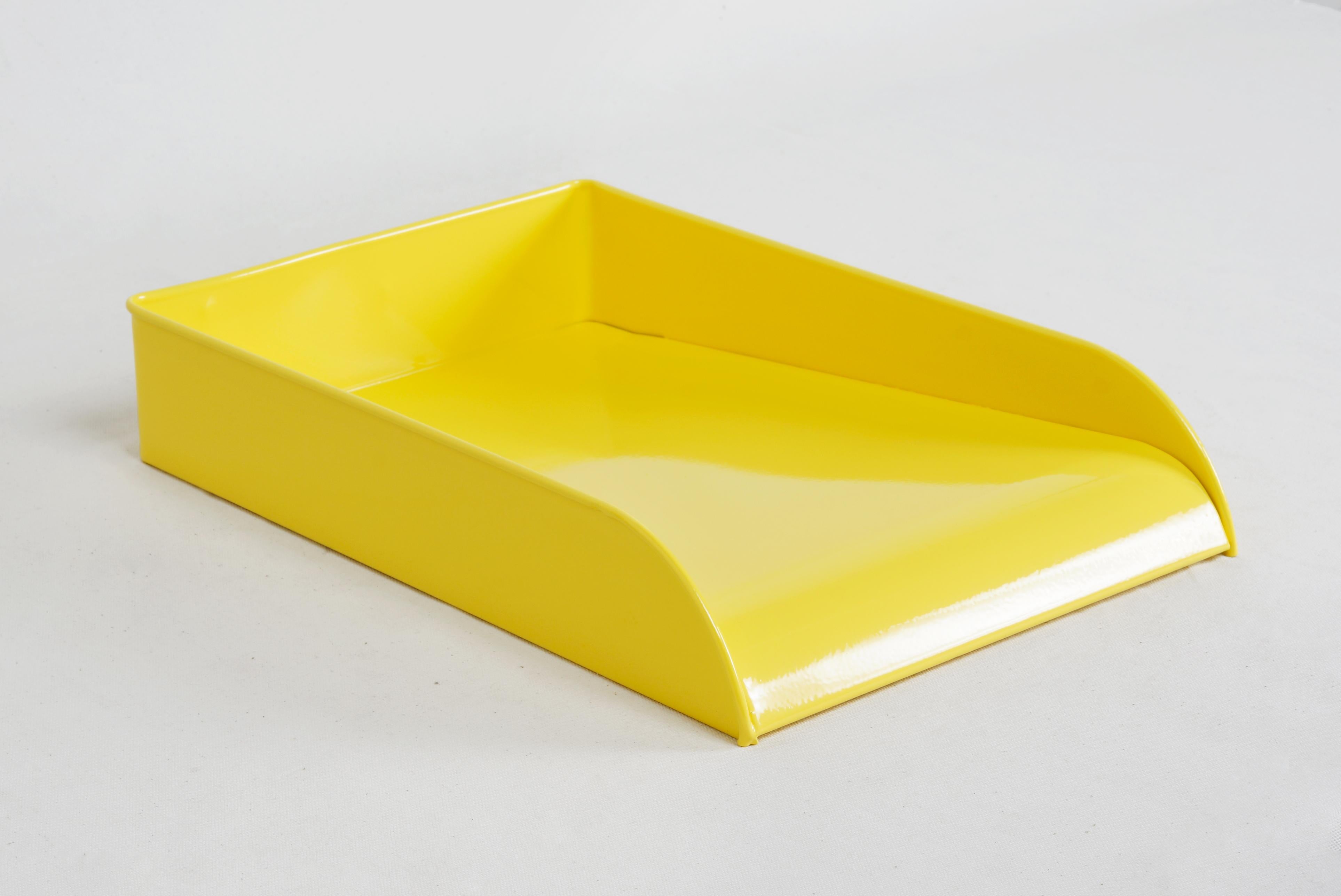 Vintage Art Deco office letter, memo or mail tray powder-coated in gloss Sunshine Yellow. This uniquely finished organizational piece is sure to keep your retro office in tip-top shape. Excellent refinished vintage condition. 
 
Dimensions: 15