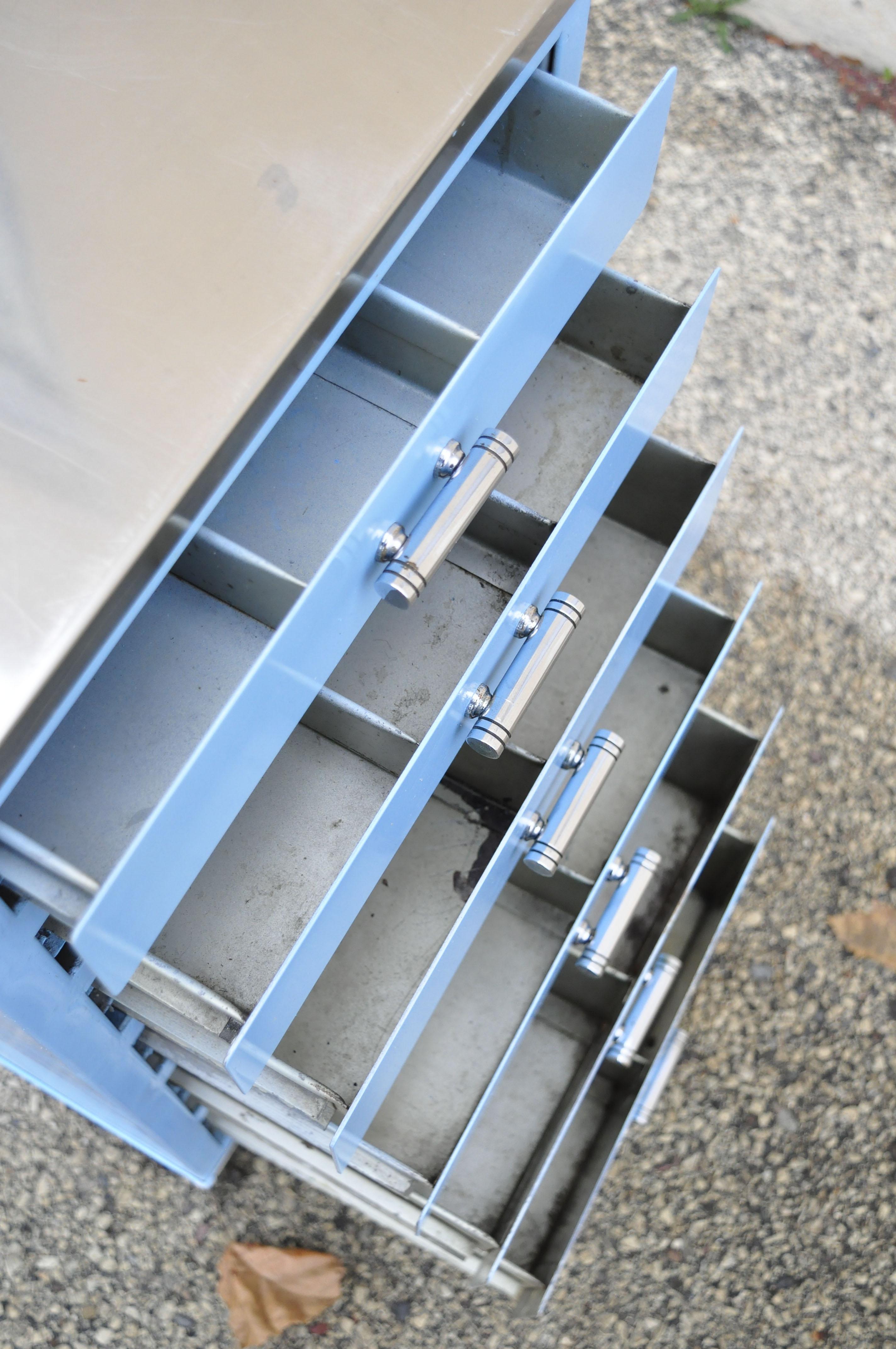 20th Century Vintage Steel Meal Blue Painted Medical Dental Cabinet Stand Table 6 Drawers