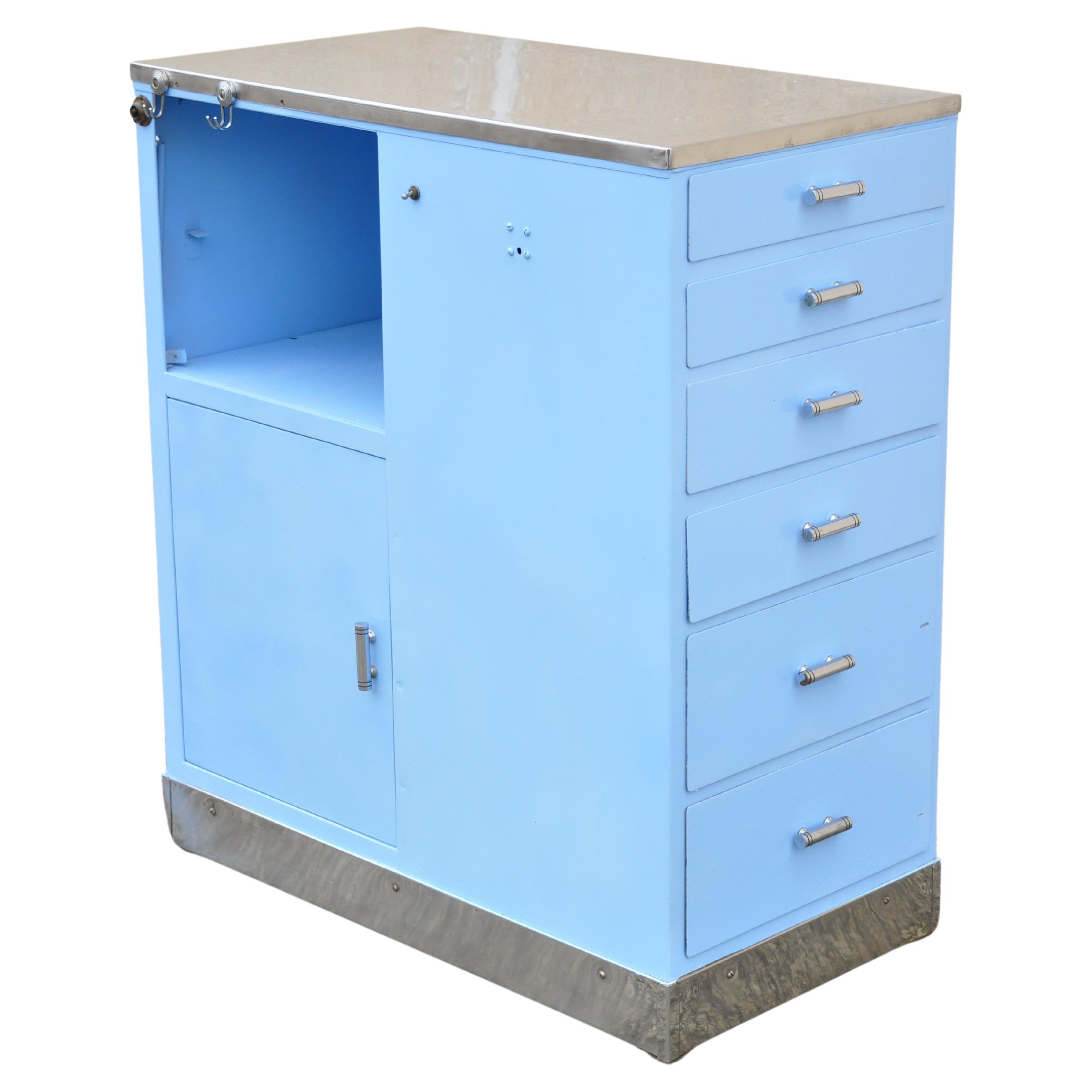 Vintage Steel Meal Blue Painted Medical Dental Cabinet Stand Table 6 Drawers
