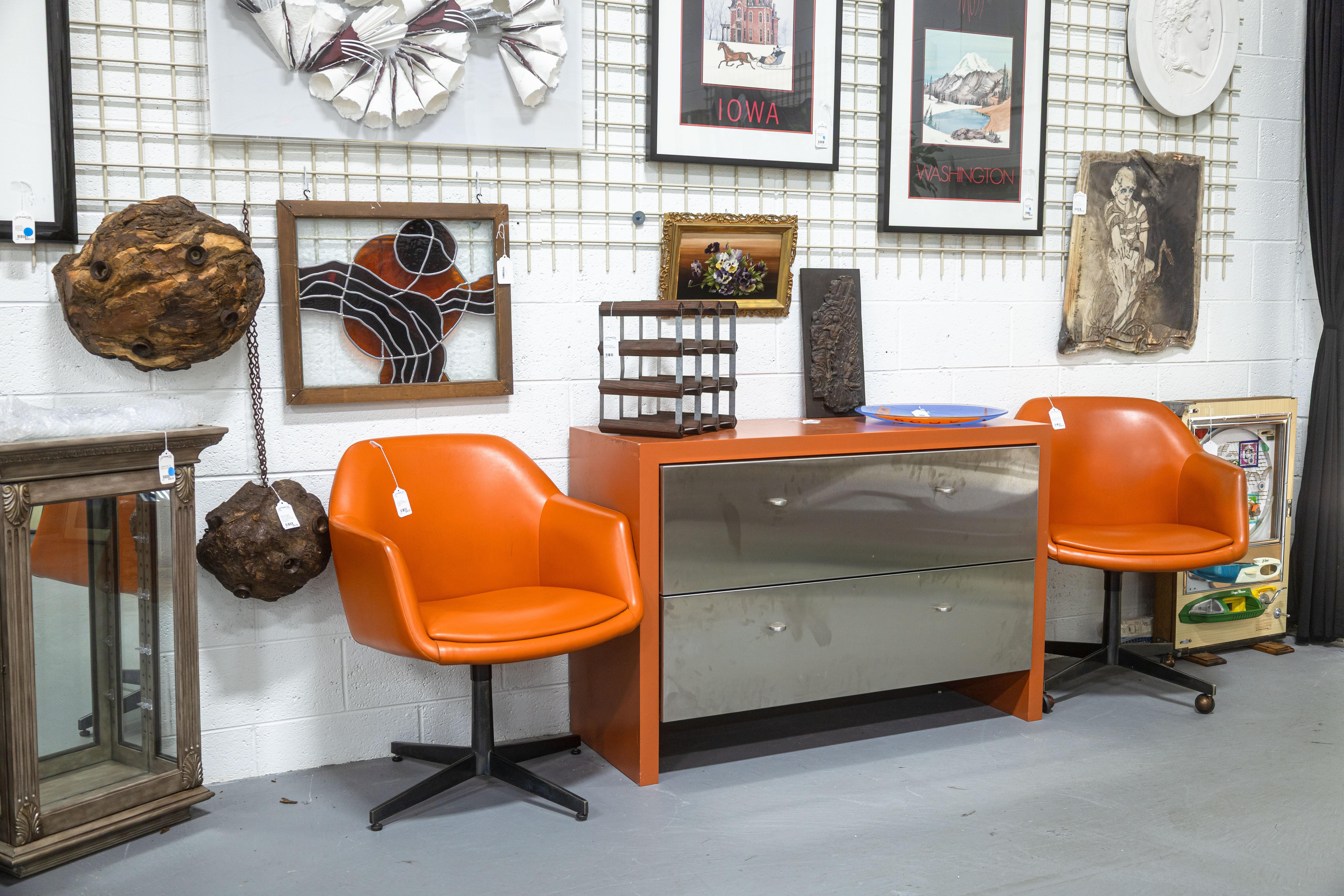 Vintage Steelcase 450 Side Chair with Arms Orange Vinyl Swivel