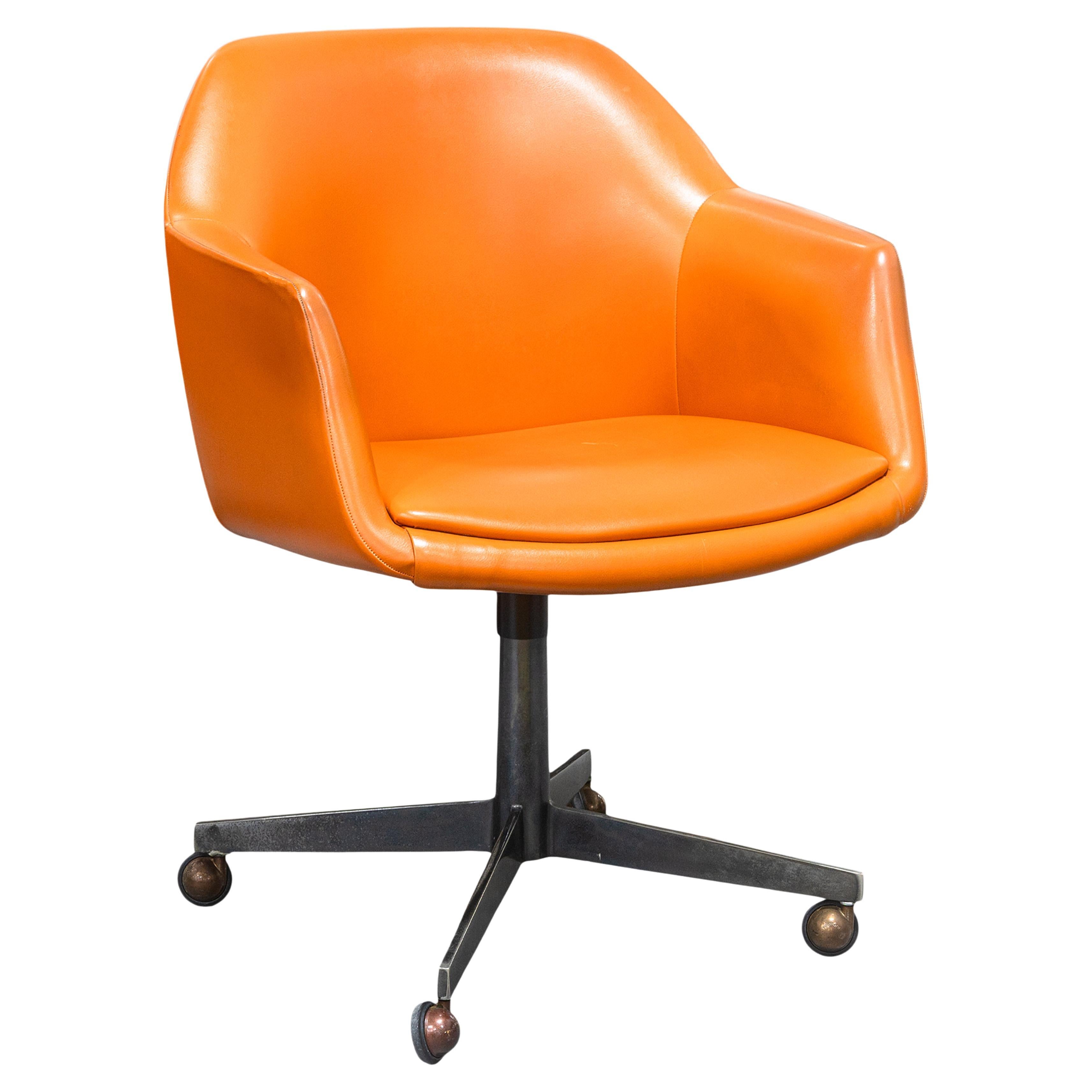 Vintage Steelcase 450 Side Chair with Arms Orange Vinyl Swivel Chair w Casters