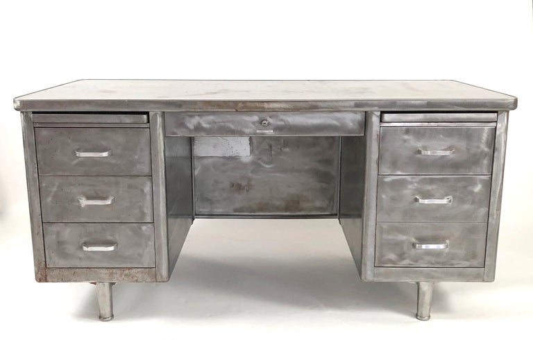 Vintage Steelcase Tanker Desk With Brushed Steel Surface At 1stdibs