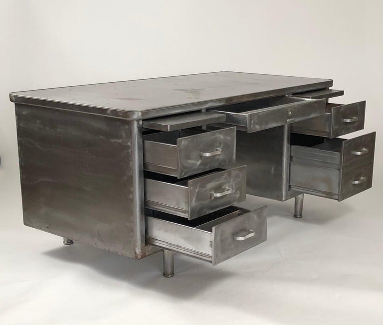 Vintage Steelcase Tanker Desk with Brushed Steel Surface at 1stDibs