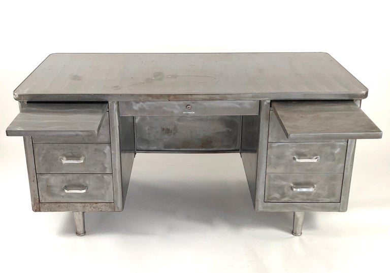 Vintage Steelcase Tanker Desk with Brushed Steel Surface at 1stDibs