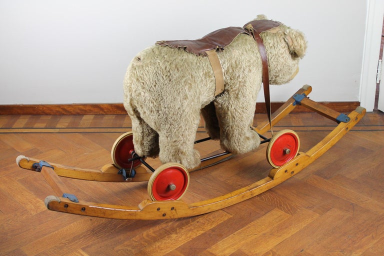 Vintage Steiff Rocking Teddy Bear, Pull Toy Bear, 1950s, Germany at