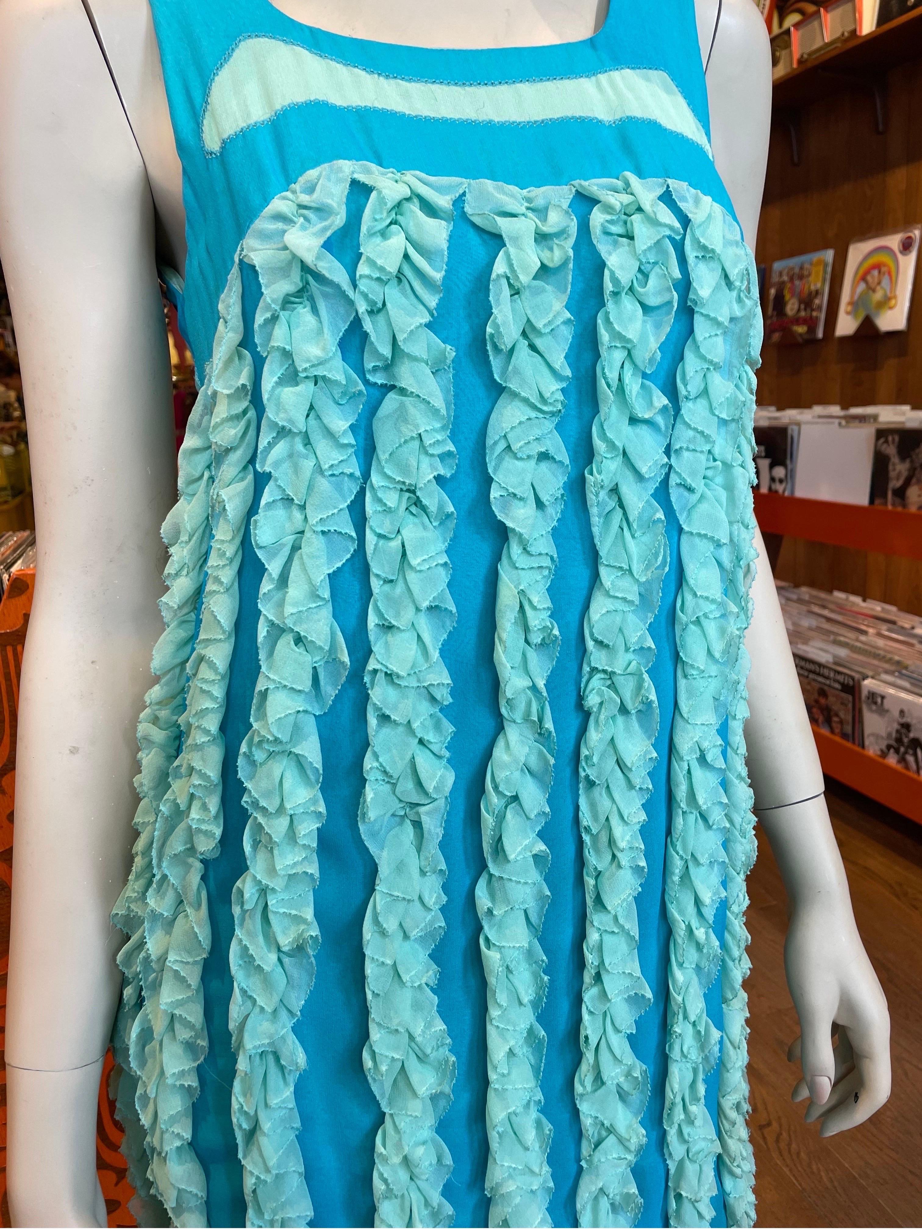 Women's Vintage Stephen Burrows Monochrome Blue Chiffon Shirt Dress with Ruffles  For Sale