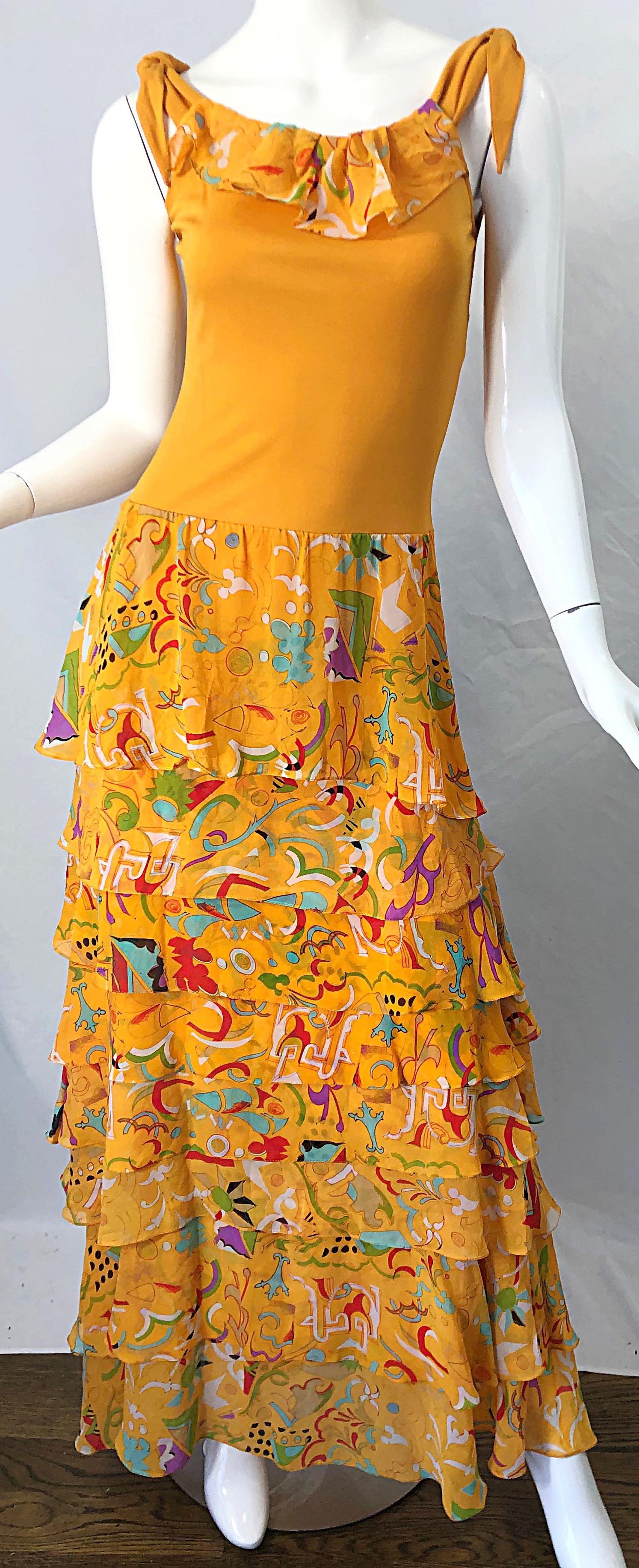 Vintage Stephen Burrows Orange Mattes Kleid aus Seidenjersey mit abstraktem Chiffondruck im Angebot 6