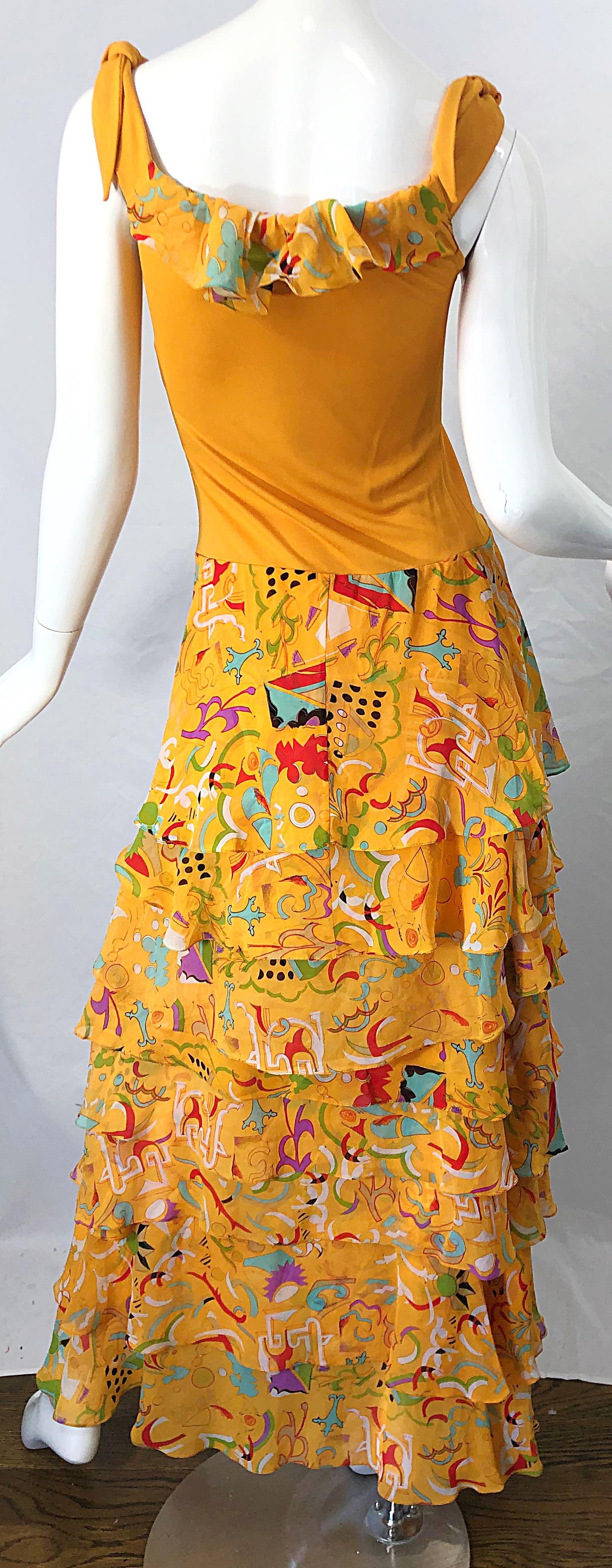 Vintage Stephen Burrows Orange Mattes Kleid aus Seidenjersey mit abstraktem Chiffondruck im Angebot 7