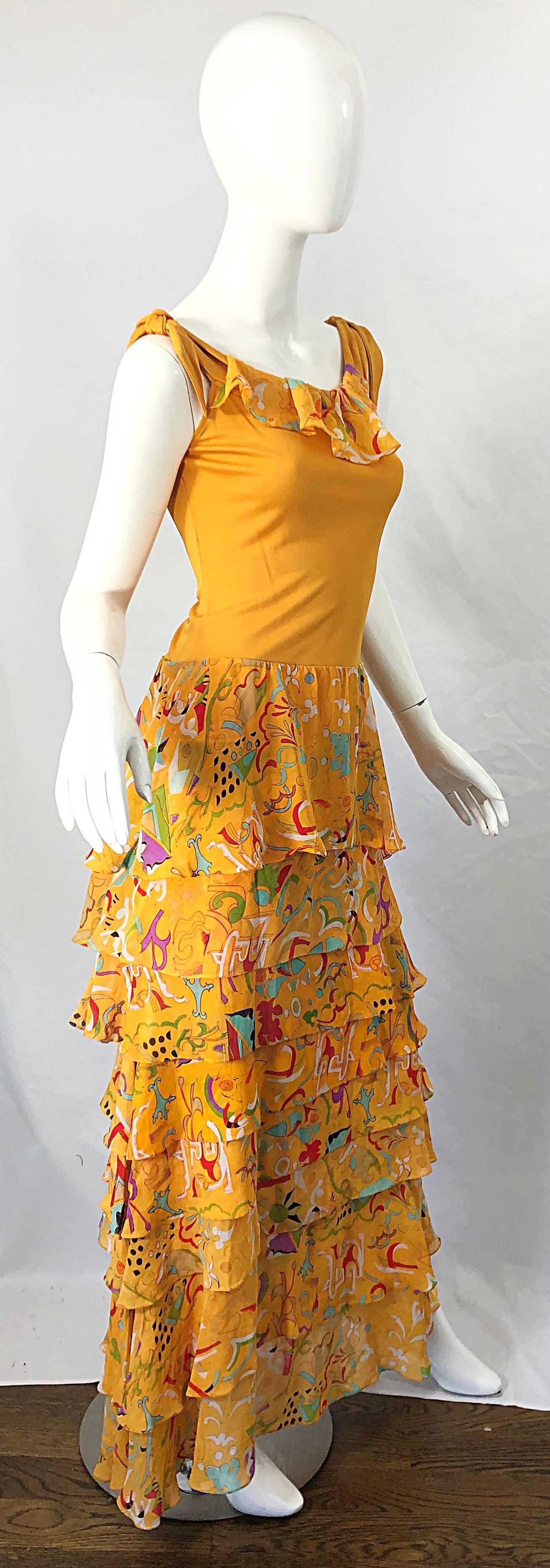 Vintage Stephen Burrows Orange Mattes Kleid aus Seidenjersey mit abstraktem Chiffondruck im Angebot 8