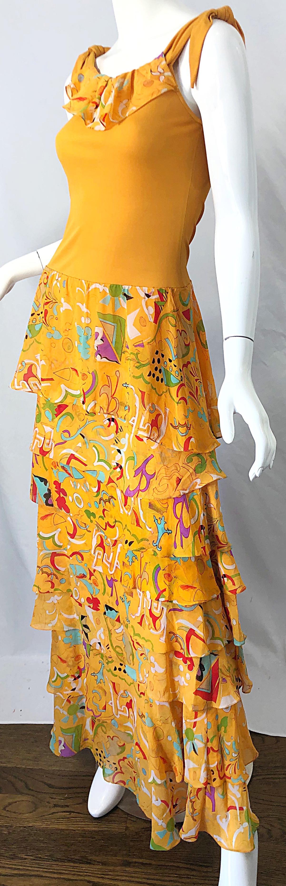 Vintage Stephen Burrows Orange Mattes Kleid aus Seidenjersey mit abstraktem Chiffondruck im Angebot 9