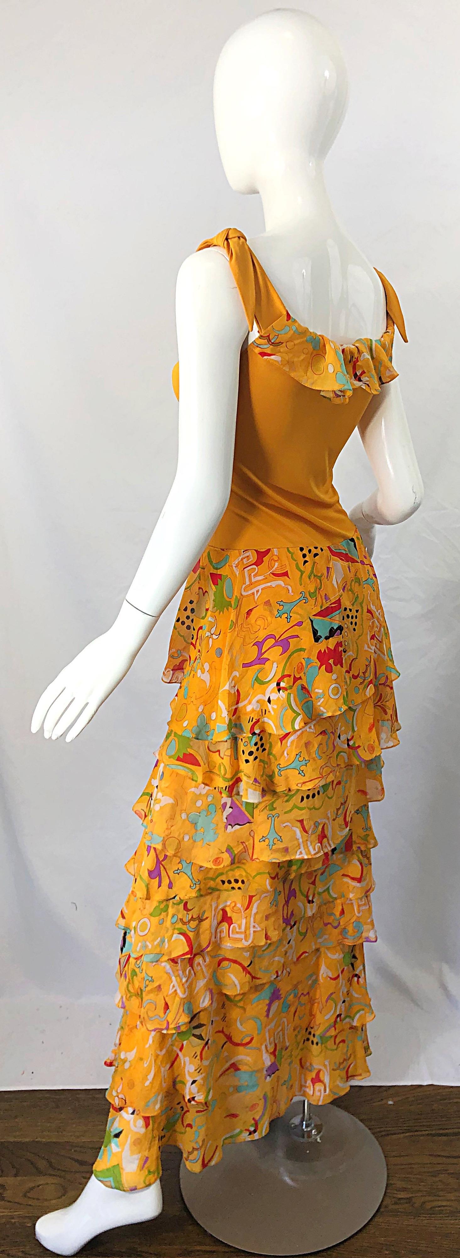 Vintage Stephen Burrows Orange Mattes Kleid aus Seidenjersey mit abstraktem Chiffondruck im Angebot 10