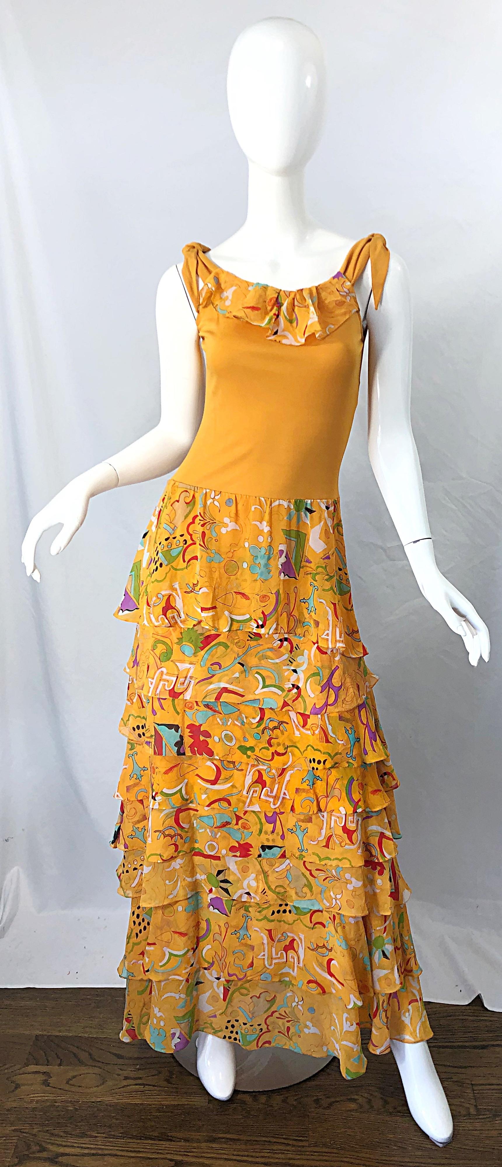 Vintage Stephen Burrows Orange Mattes Kleid aus Seidenjersey mit abstraktem Chiffondruck im Angebot 11