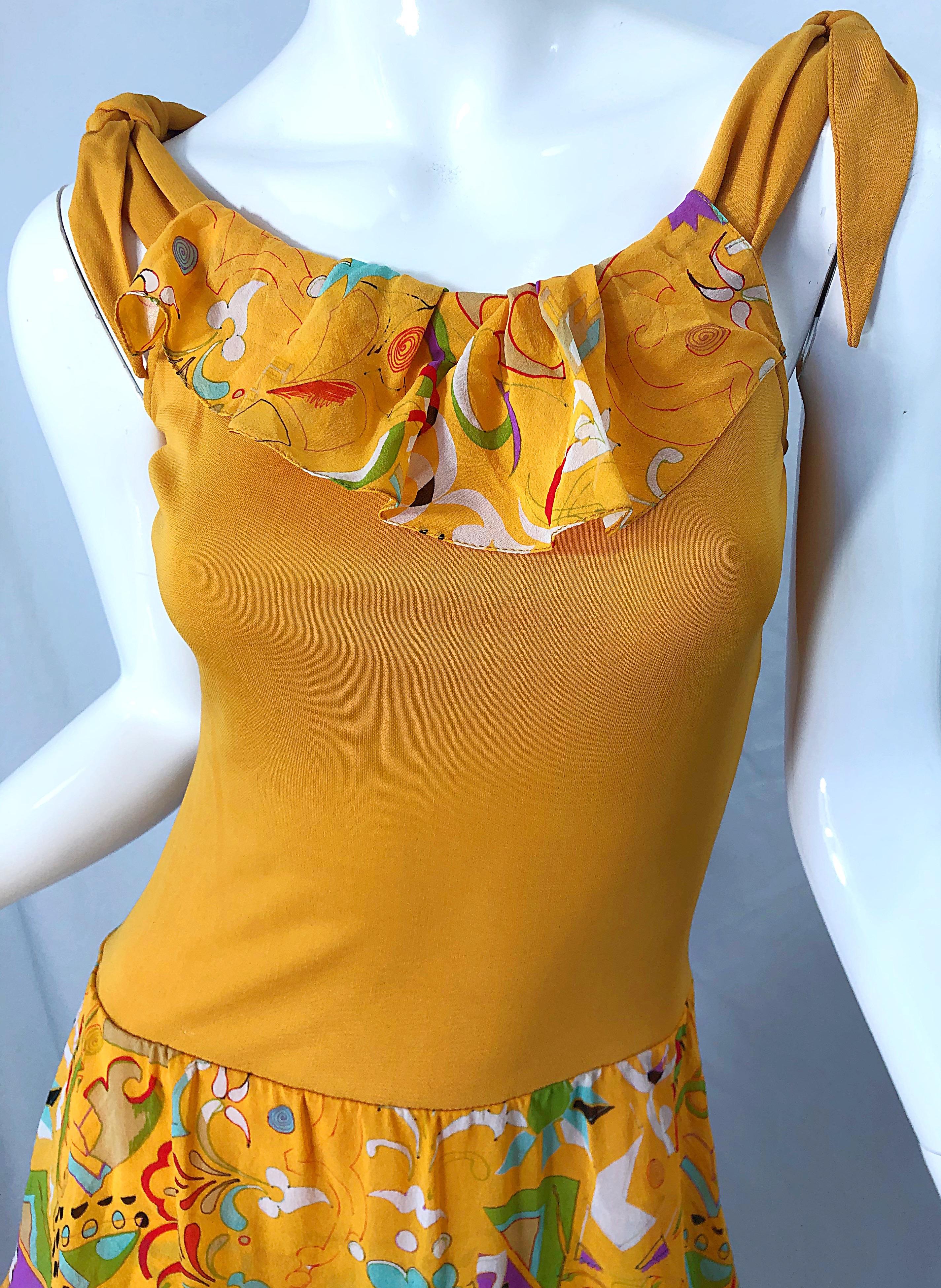 Vintage Stephen Burrows Orange Mattes Kleid aus Seidenjersey mit abstraktem Chiffondruck Damen im Angebot