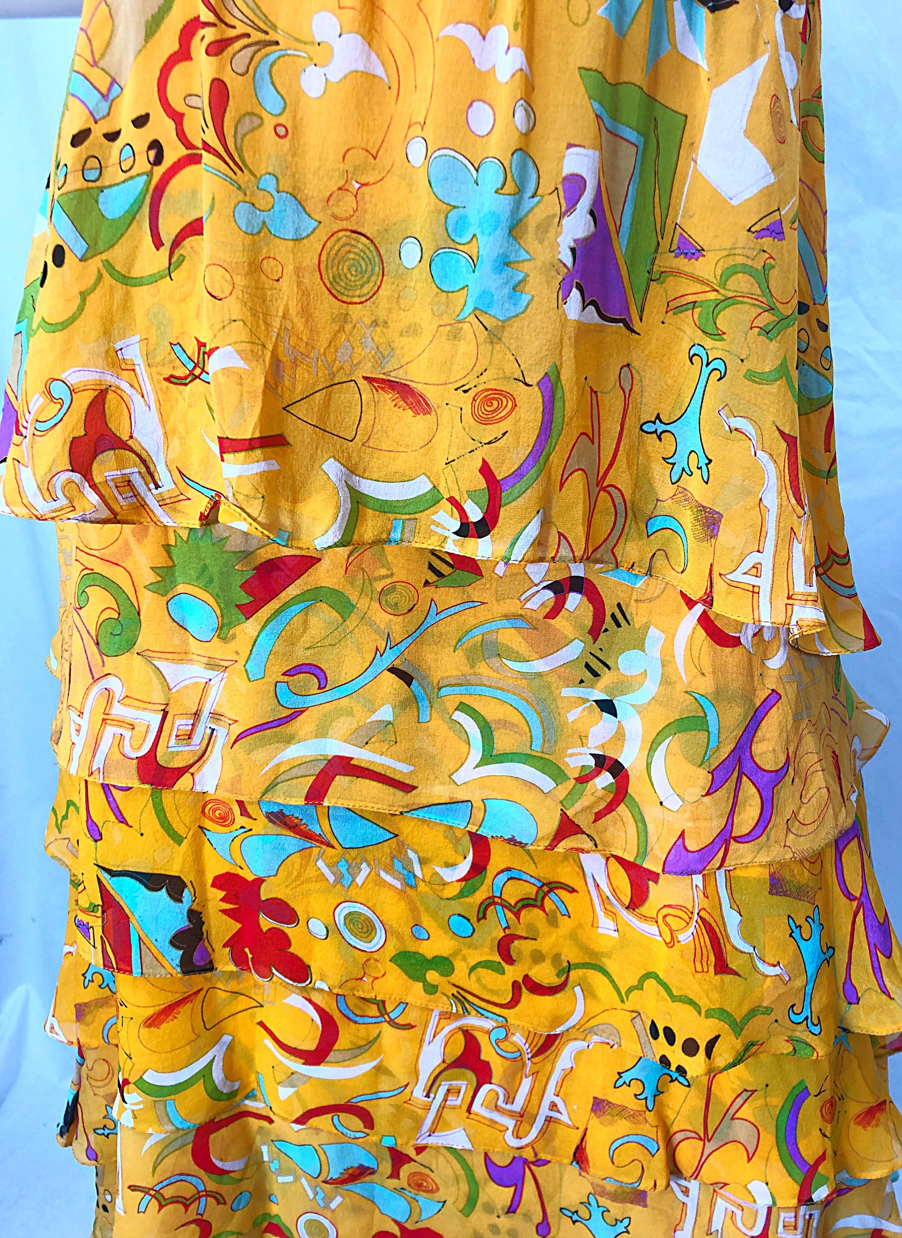 Vintage Stephen Burrows Orange Mattes Kleid aus Seidenjersey mit abstraktem Chiffondruck im Angebot 1