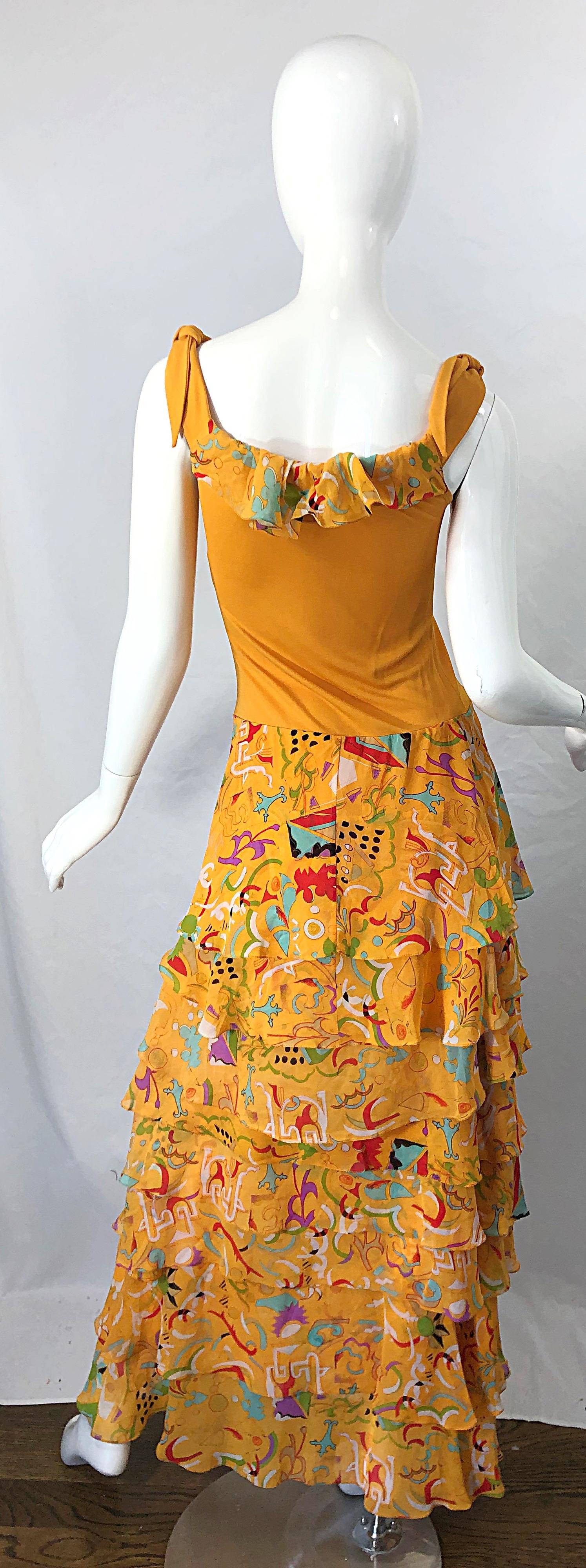 Vintage Stephen Burrows Orange Mattes Kleid aus Seidenjersey mit abstraktem Chiffondruck im Angebot 2