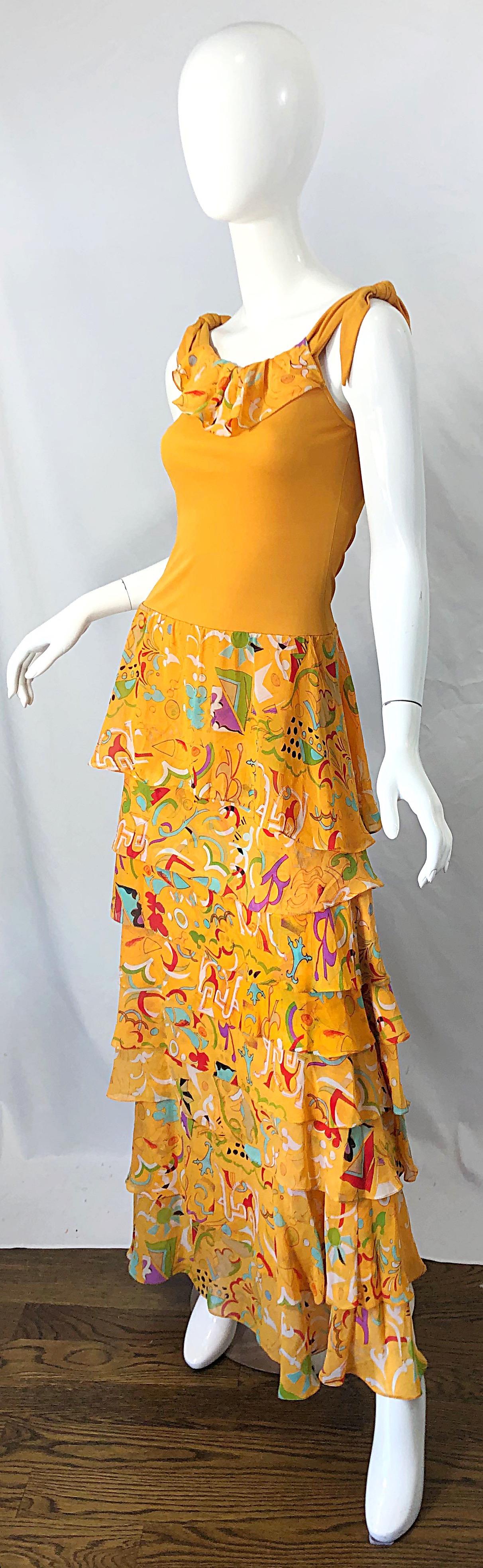 Vintage Stephen Burrows Orange Mattes Kleid aus Seidenjersey mit abstraktem Chiffondruck im Angebot 3