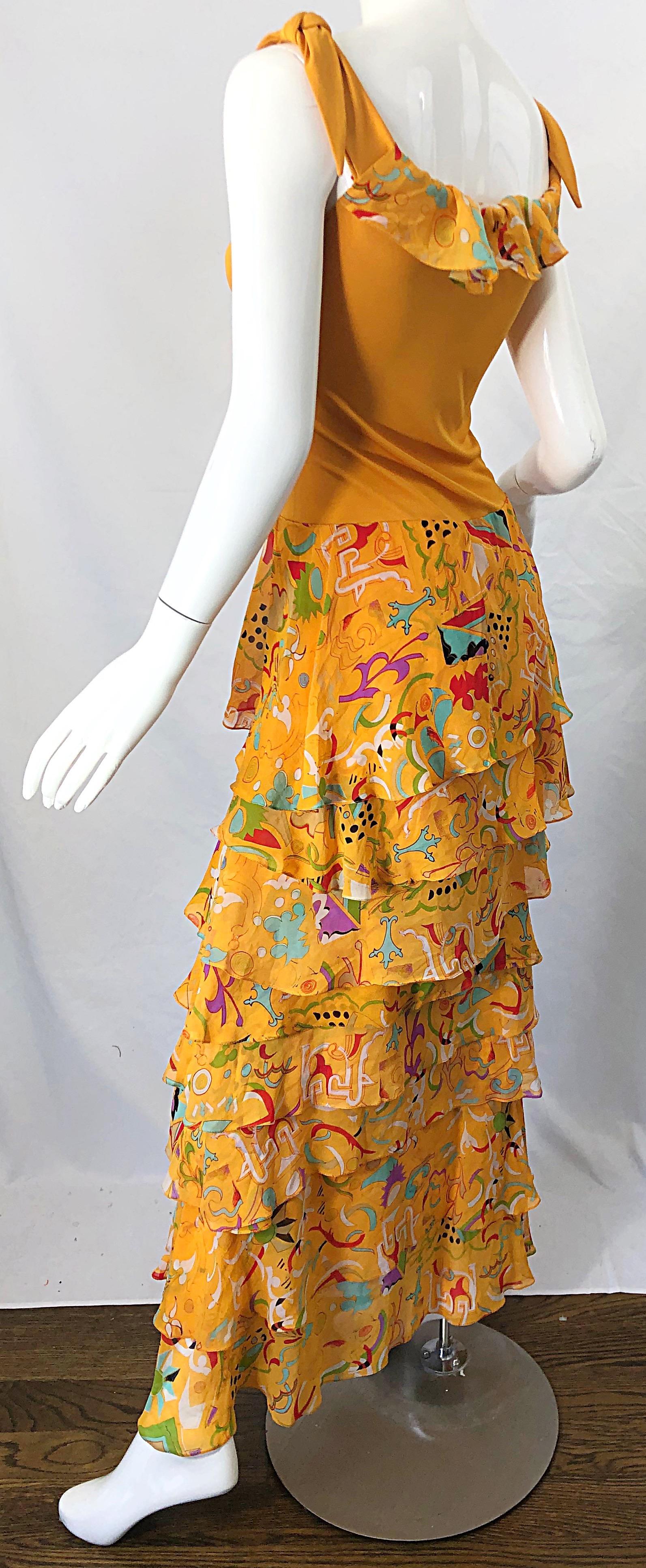 Vintage Stephen Burrows Orange Mattes Kleid aus Seidenjersey mit abstraktem Chiffondruck im Angebot 4