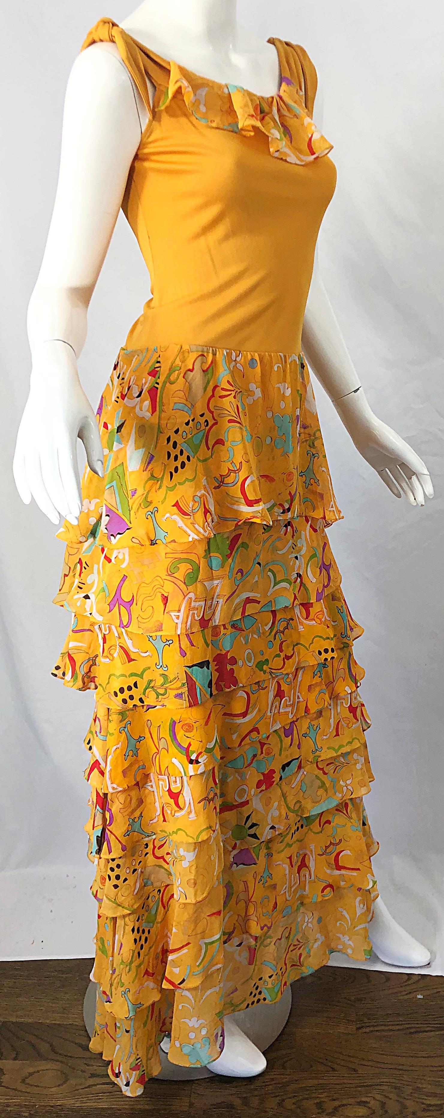 Vintage Stephen Burrows Orange Mattes Kleid aus Seidenjersey mit abstraktem Chiffondruck im Angebot 5