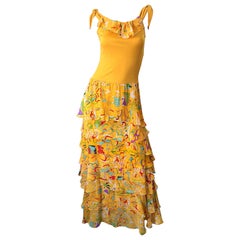 Vintage Stephen Burrows Orange Mattes Kleid aus Seidenjersey mit abstraktem Chiffondruck