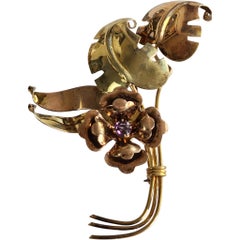 Vintage Sterling & 1/20 10K Gold-Filled Floral Brooch with Amethyst Stone