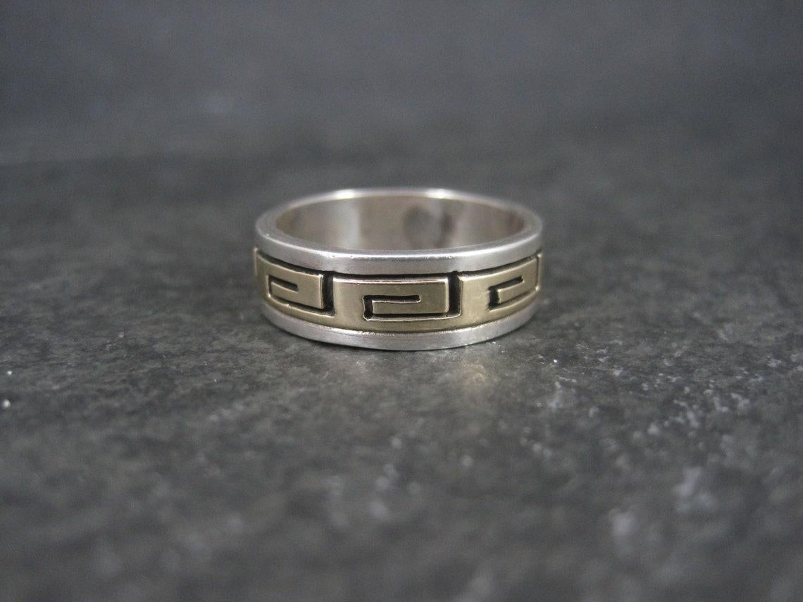 Native American Vintage Sterling 14K Greek Key Band Ring Size 8 Navajo Scott Skeets For Sale