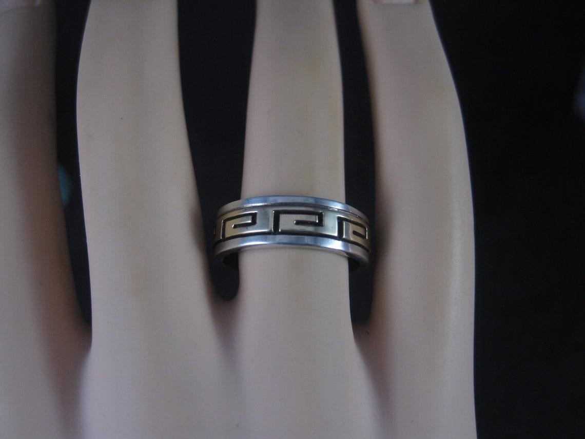 Vintage Sterling 14K Greek Key Band Ring Size 8 Navajo Scott Skeets For Sale 4
