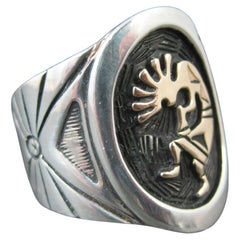 Vintage Sterling Silver and 14K Kokopelli Signet Ring, Size 6