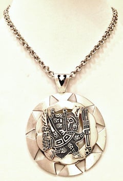Vintage Sterling 925 Aztec Sun God Medallion Pendant Necklace- Signed Peru MML
