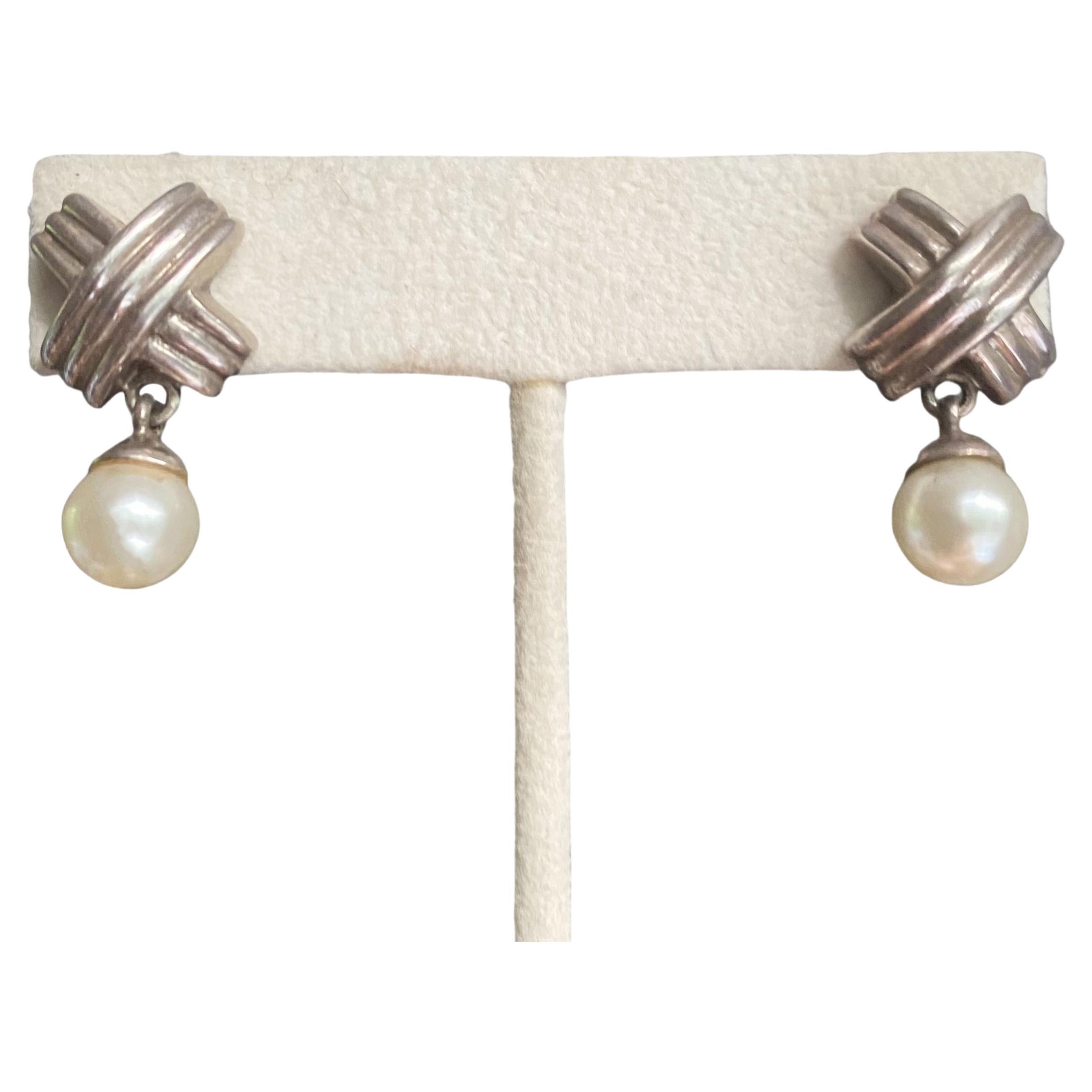 Vintage Sterling 925 Dangling Pearl Love Earrings For Sale at 1stDibs