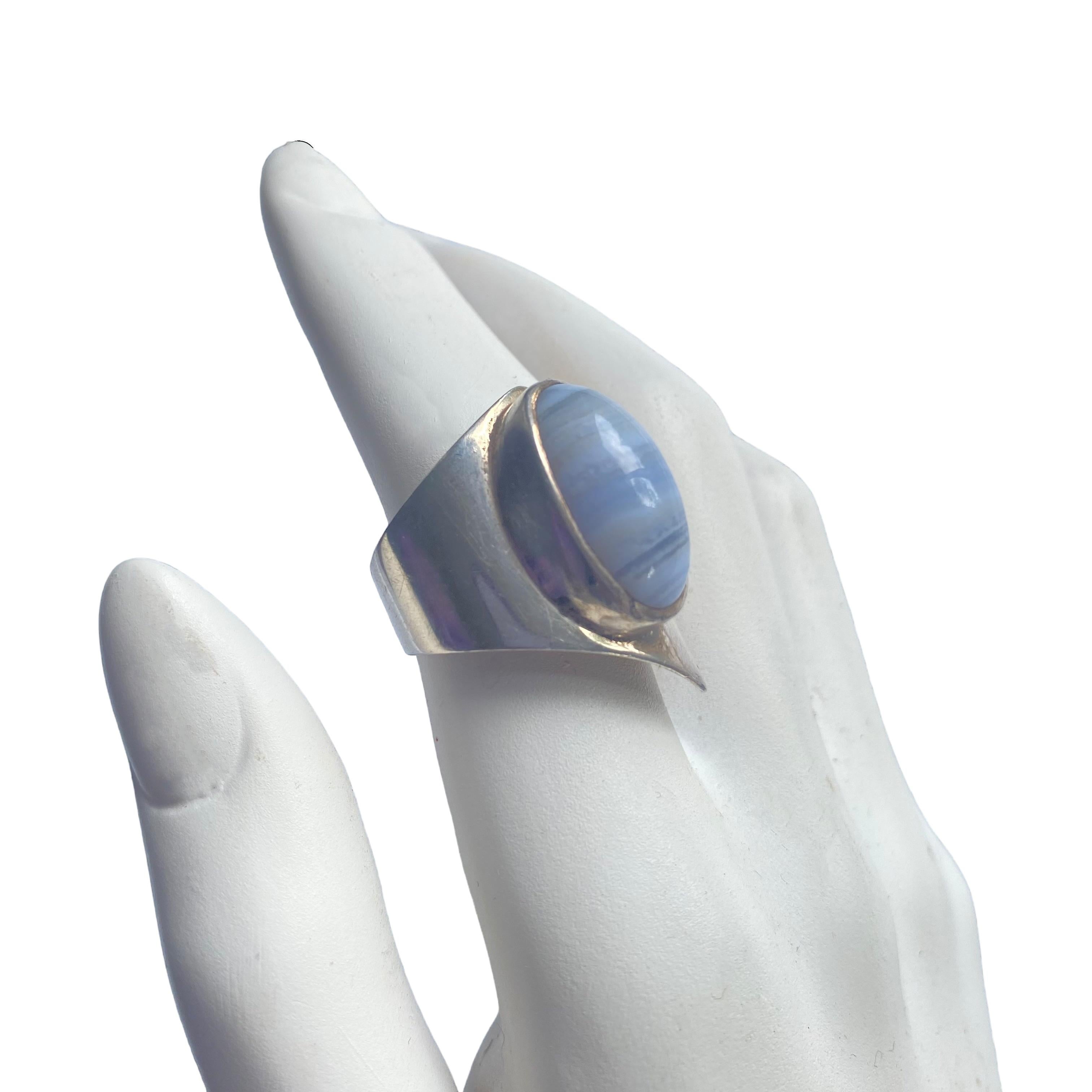 Oval Cut Vintage Sterling 925 Modernist Blue Lace Agate Asymmetrical Statement Ring For Sale