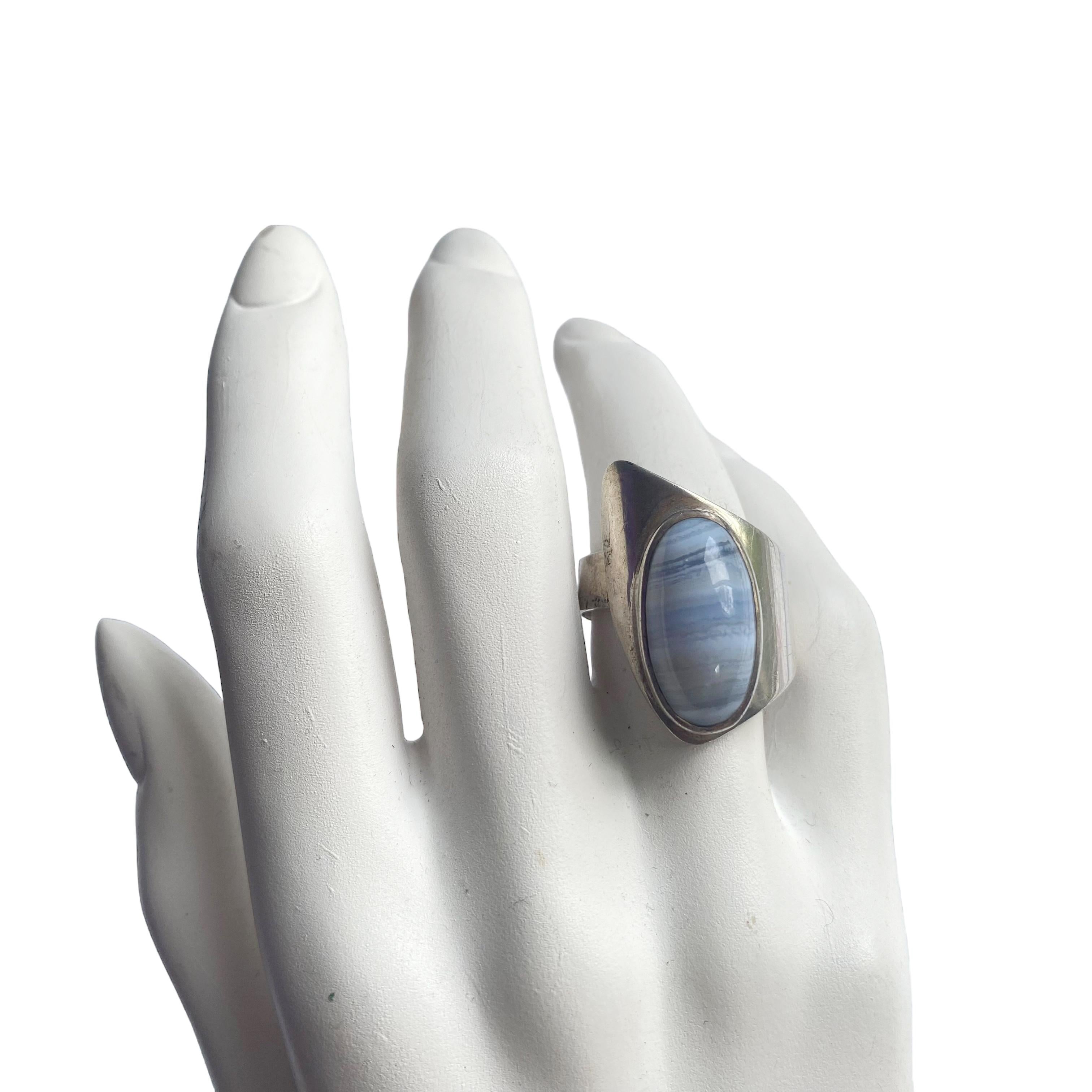 Women's or Men's Vintage Sterling 925 Modernist Blue Lace Agate Asymmetrical Statement Ring For Sale