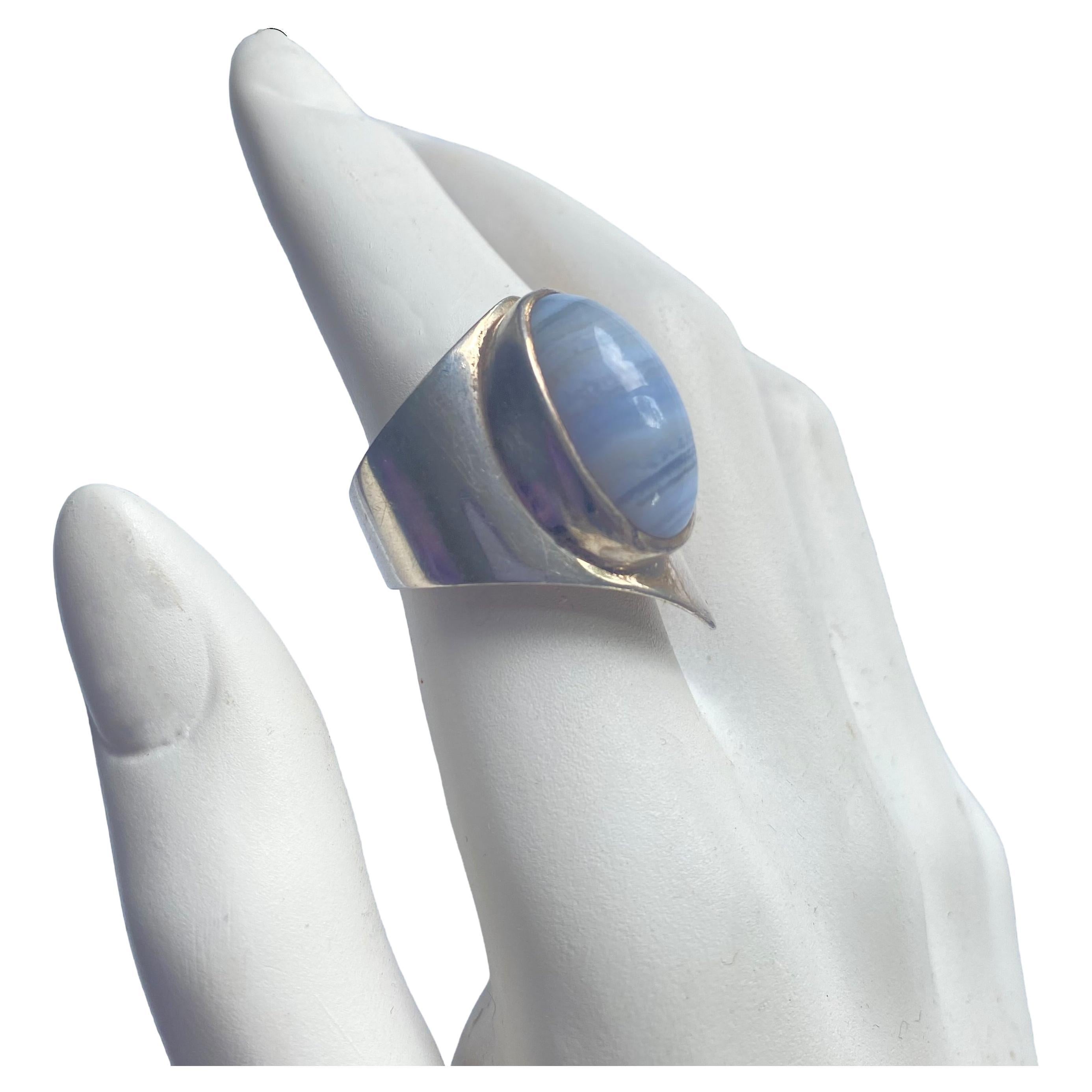 Vintage Sterling 925 Modernist Blue Lace Agate Asymmetrical Statement Ring For Sale