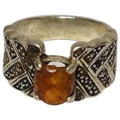 Vintage Sterling Amber And Marcasite Ring Size 7.