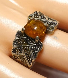 Vintage Sterling Amber And Marcasite Ring Size 7.