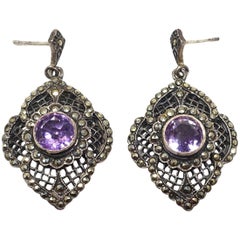 Vintage Sterling Amethyst & Marcasite Dangling Earrings