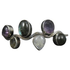 Vintage Sterling Amethyst Moonstone Labradorite Cuff Bracelet 8 Inches