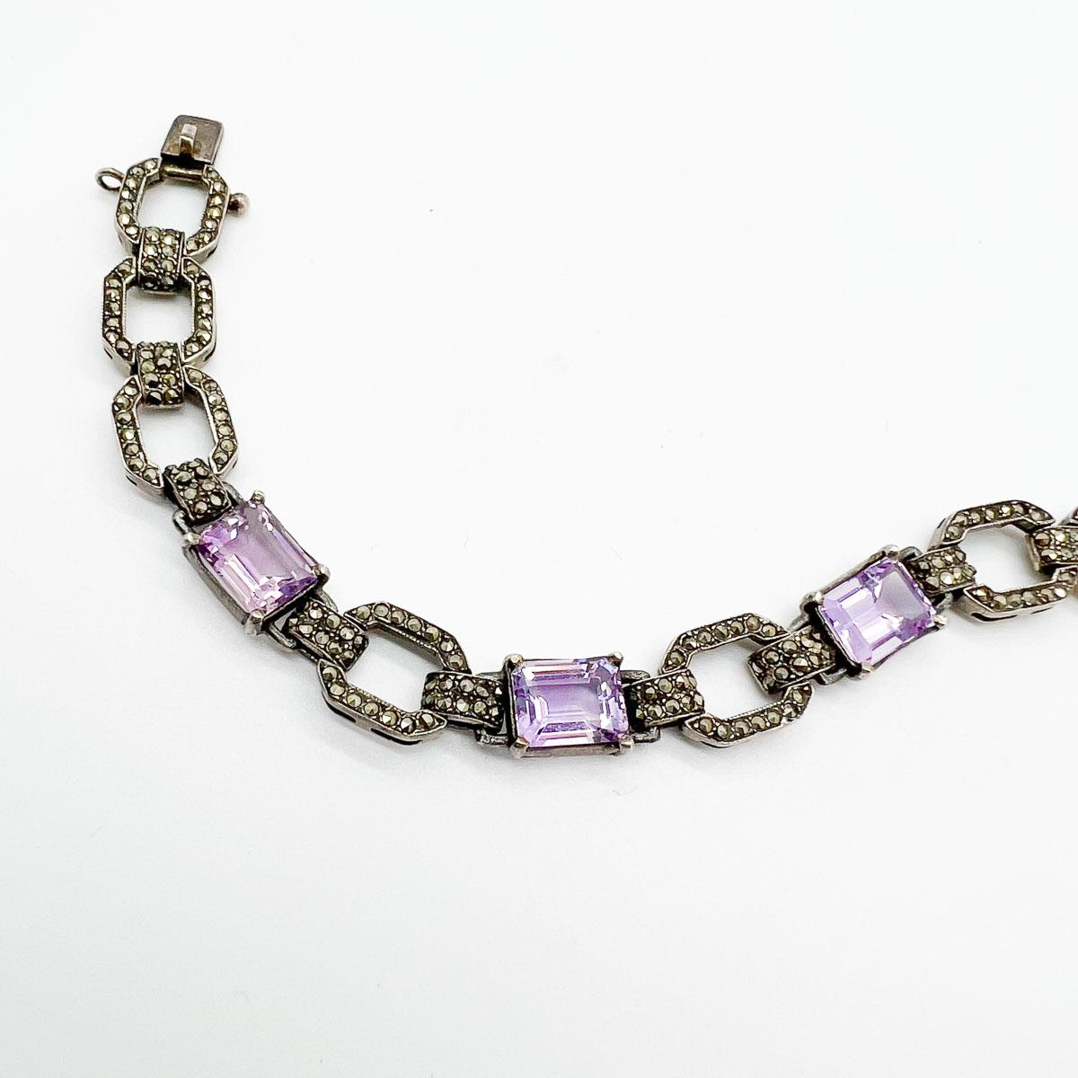 Vintage Sterling Amethyst Paste & Marcasite Bracelet 1930s In Good Condition For Sale In Wilmslow, GB