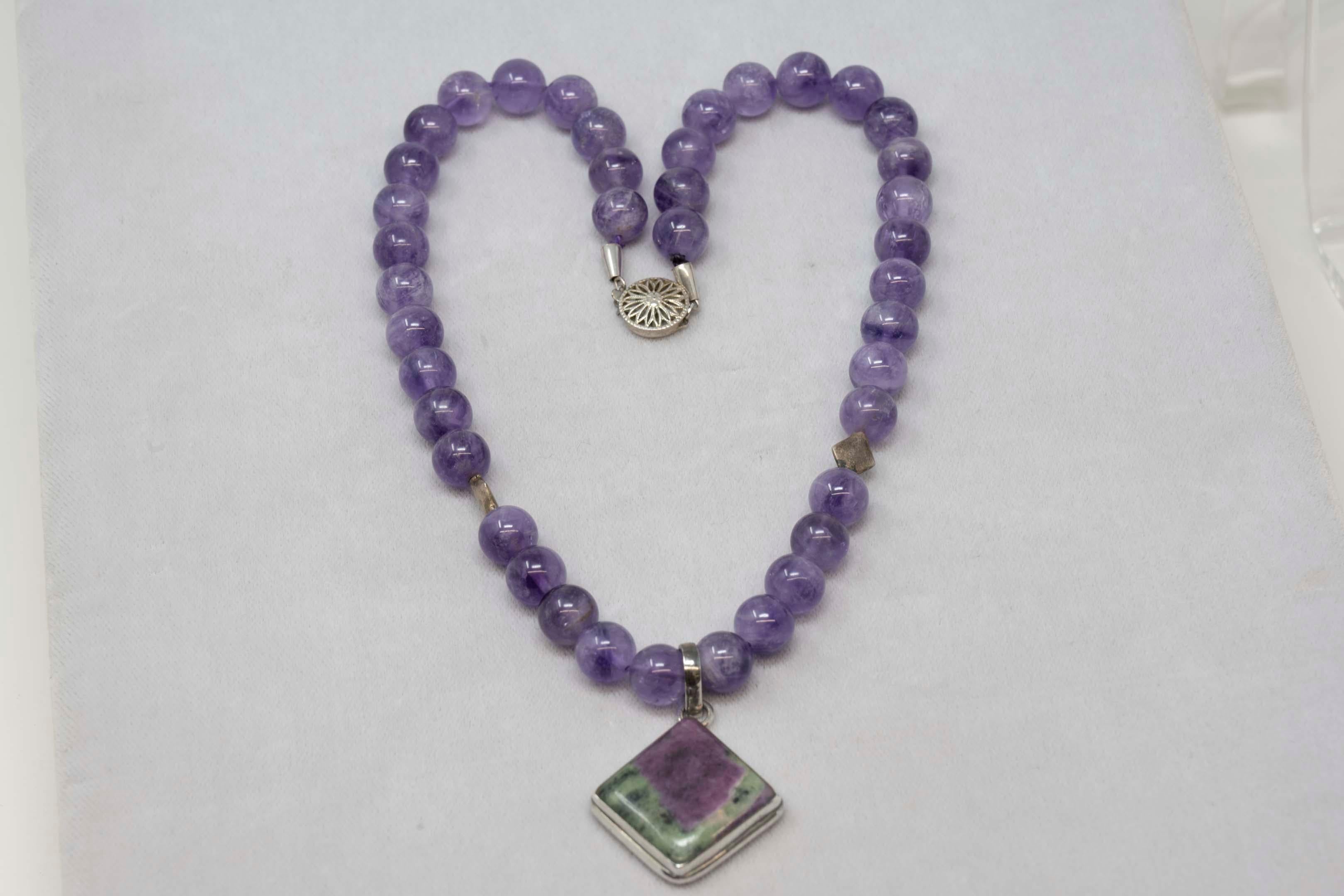Vintage Sterling Amethyst & Ruby Zoisite Necklace Pendant For Sale 2