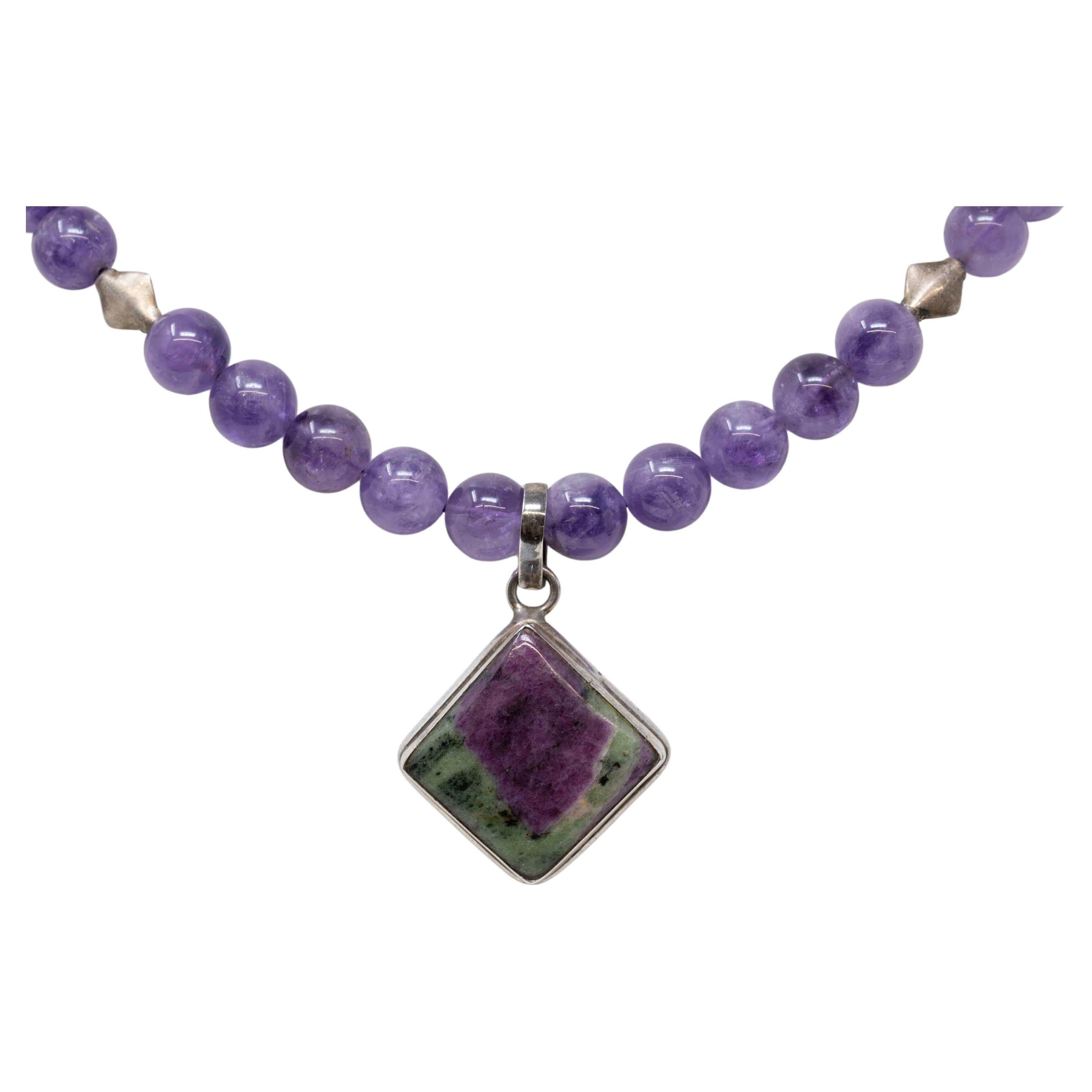 Vintage Sterling Amethyst & Ruby Zoisite Necklace Pendant For Sale