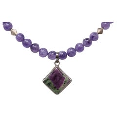 Vintage Sterling Amethyst & Ruby Zoisite Necklace Pendant