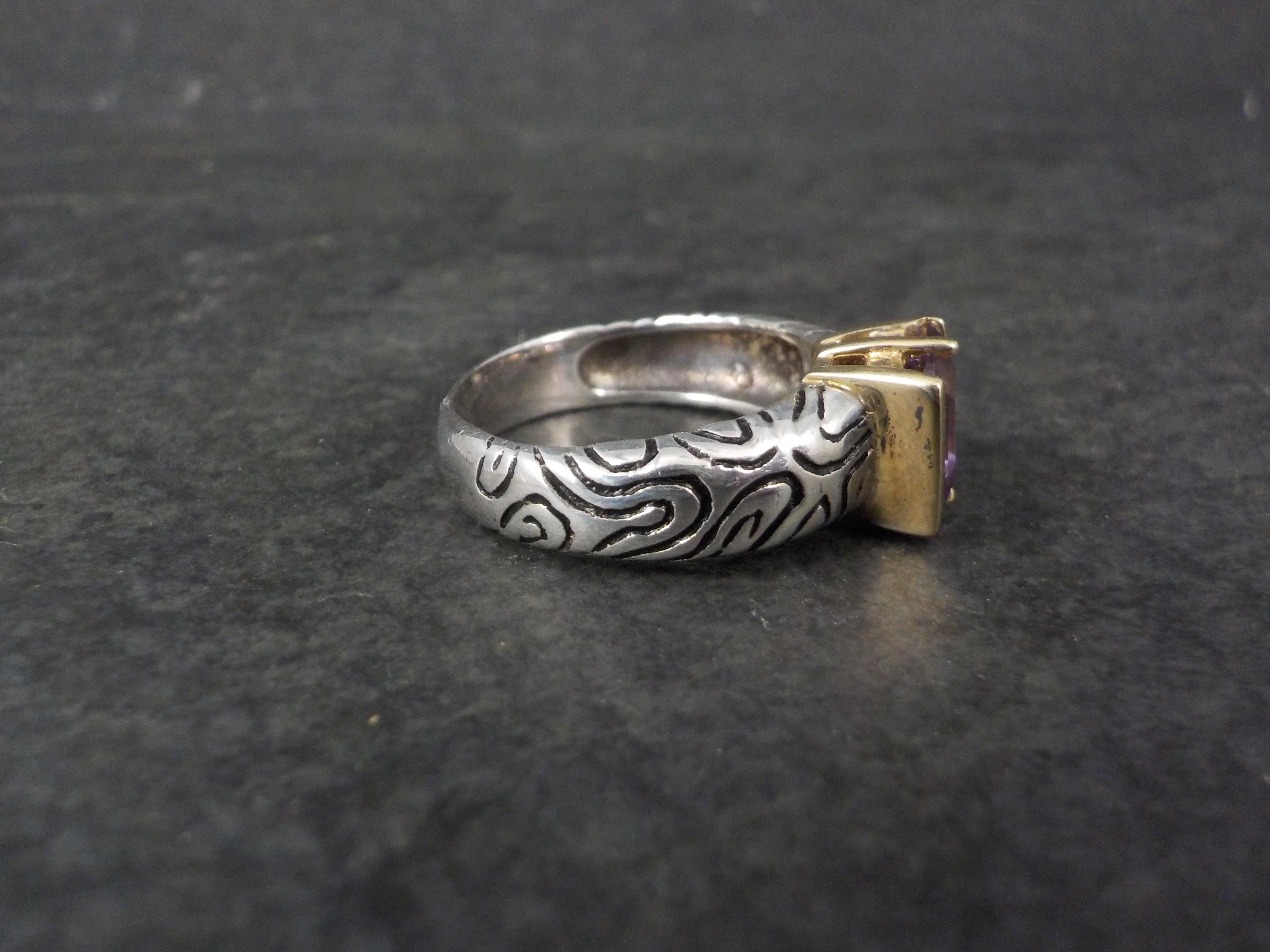 Princess Cut Vintage Sterling and 14K Amethyst Ring Size 7 For Sale