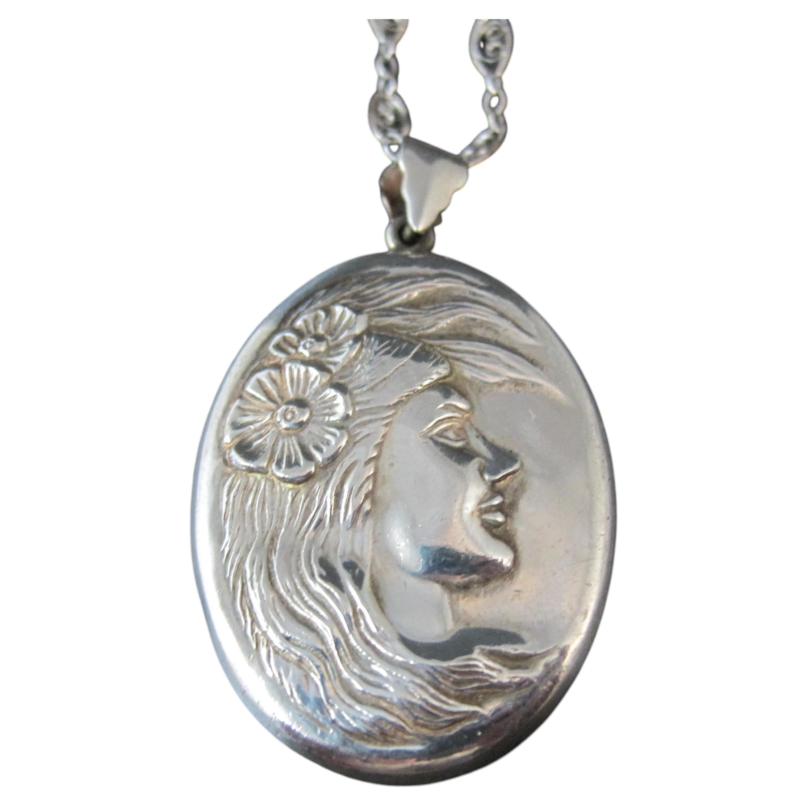 Vintage Sterling Art Nouveau Lady Pendant Filigree Necklace