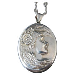 Vintage Sterling Art Nouveau Lady Pendant Filigree Necklace