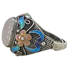 Vintage Sterling Silver Cloisonne Ring with Rose Quartz, 1970s China