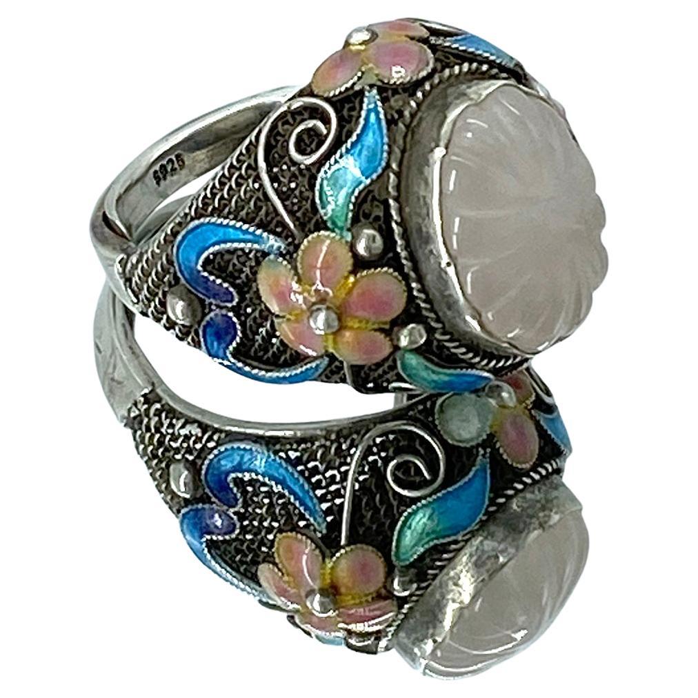 Vintage Sterling Cloisonné-Ring mit Rosenquarz (Kunsthandwerker*in) im Angebot