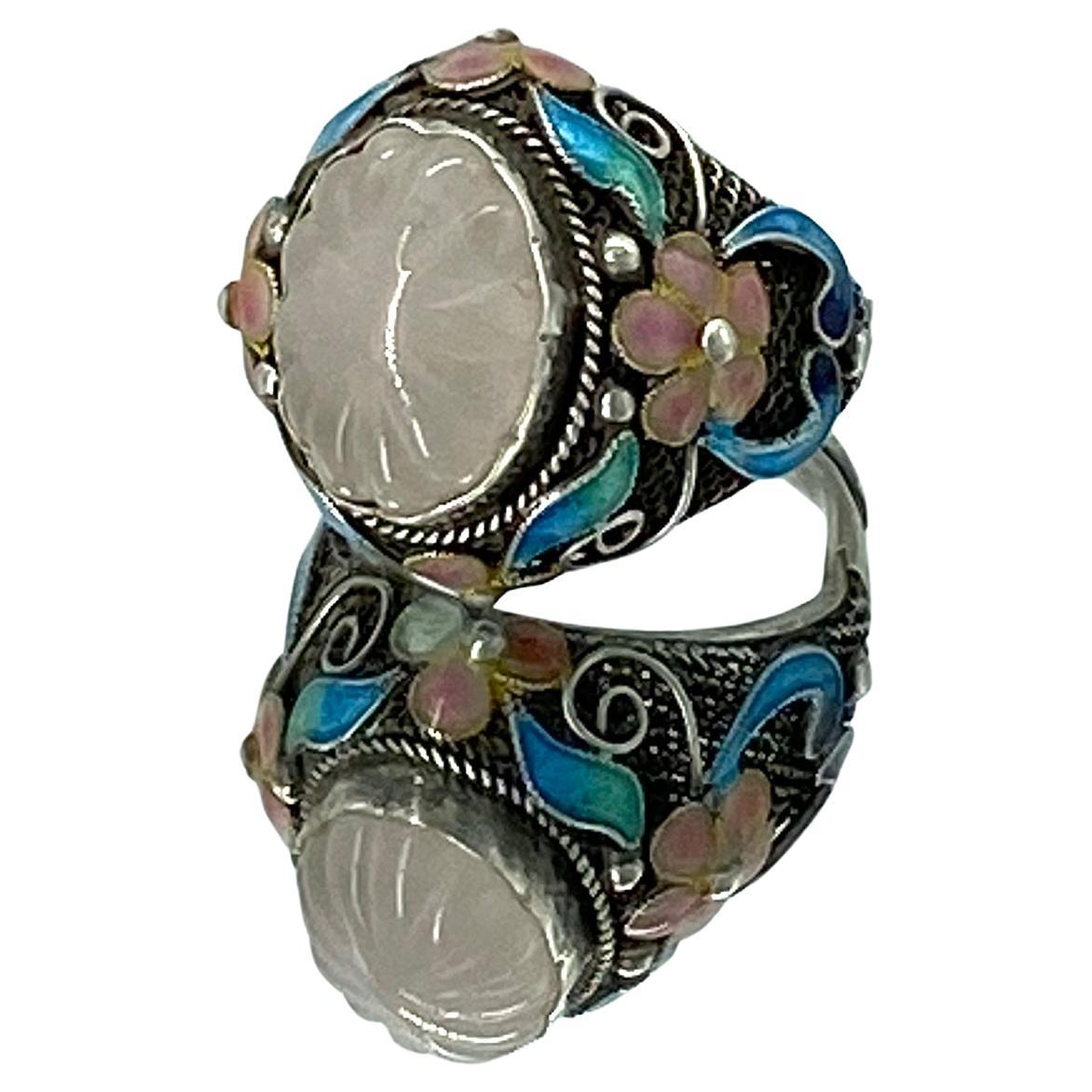 Vintage Sterling Cloisonné-Ring mit Rosenquarz (Cabochon) im Angebot