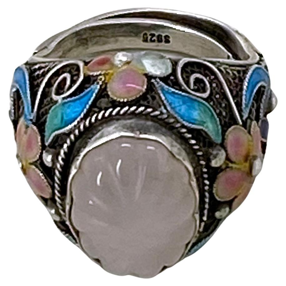 Vintage Sterling Cloisonné-Ring mit Rosenquarz im Zustand „Gut“ im Angebot in Atlanta, GA